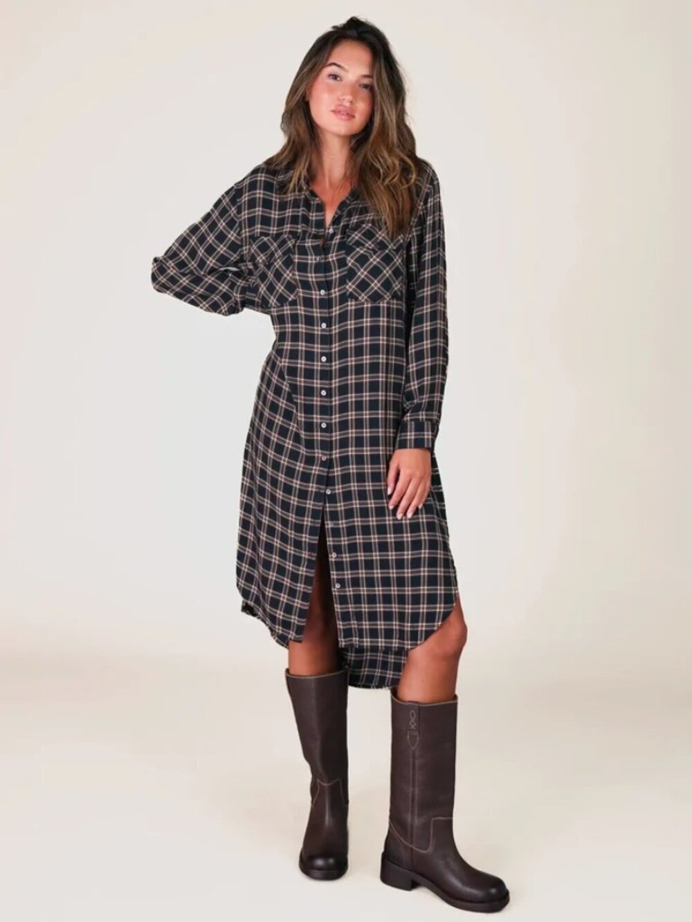 Natural Life Cooper Shirt Dress, Navy Tan Plaid XL